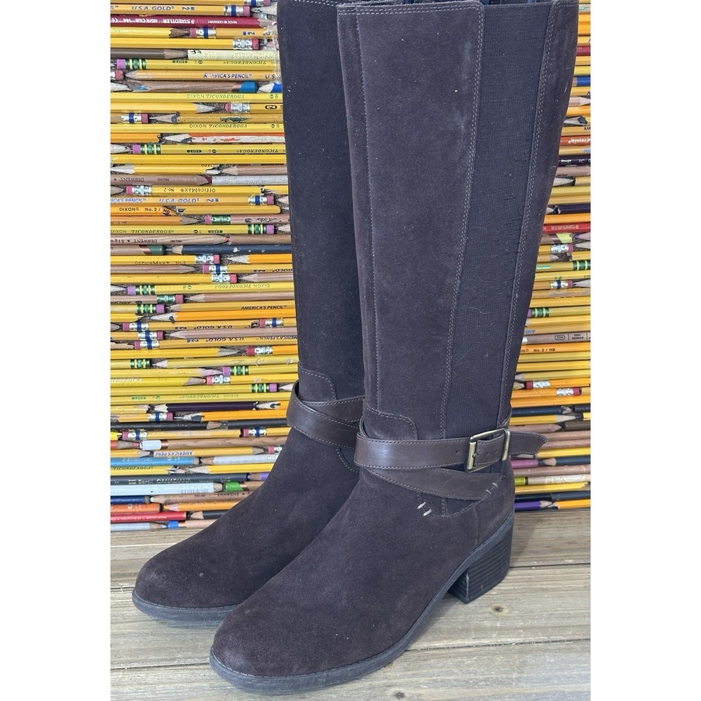 Clarks Brown Suede Tall Boots Buckles Equestrian Classy Women's 8 M